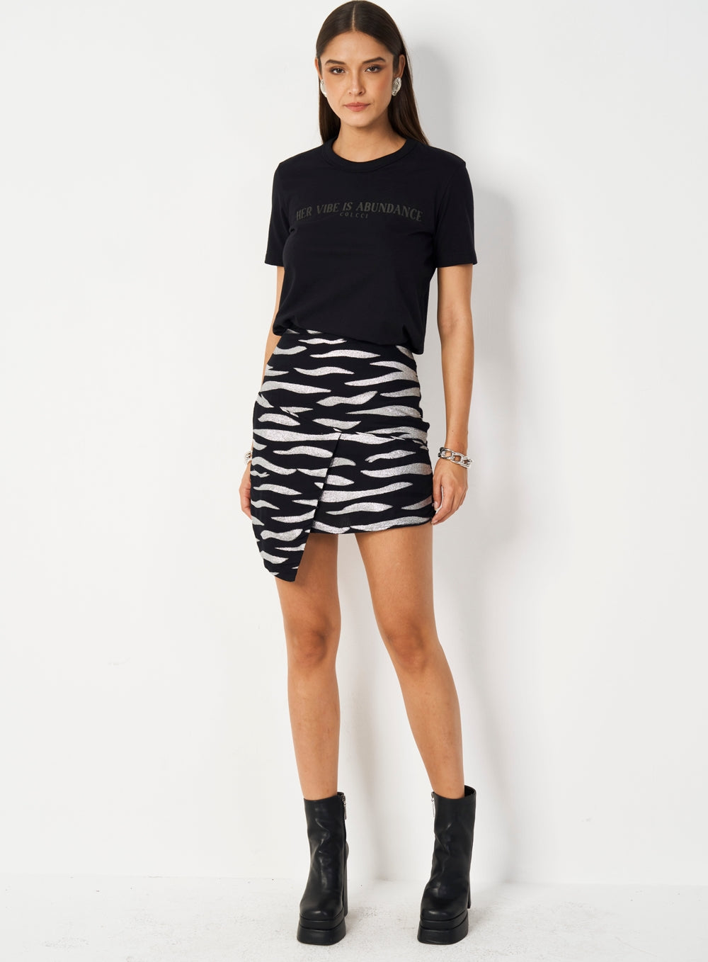 Asymmetric Metallic Jacquard Skirt