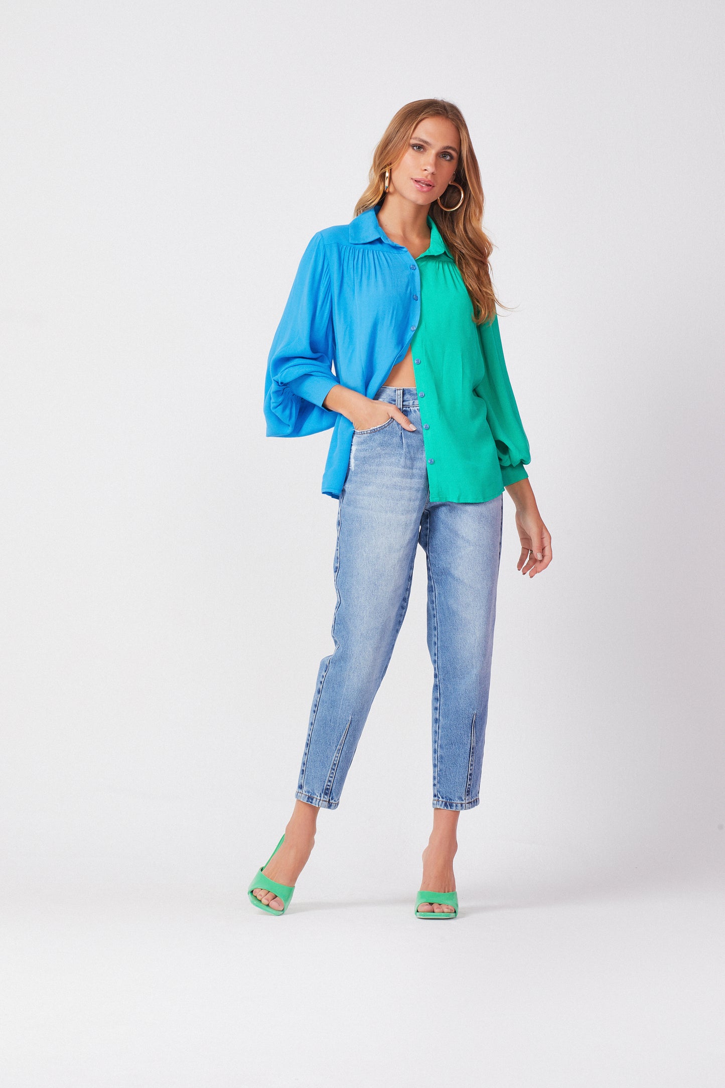 Button-Up Shirt in Green & Blue Color