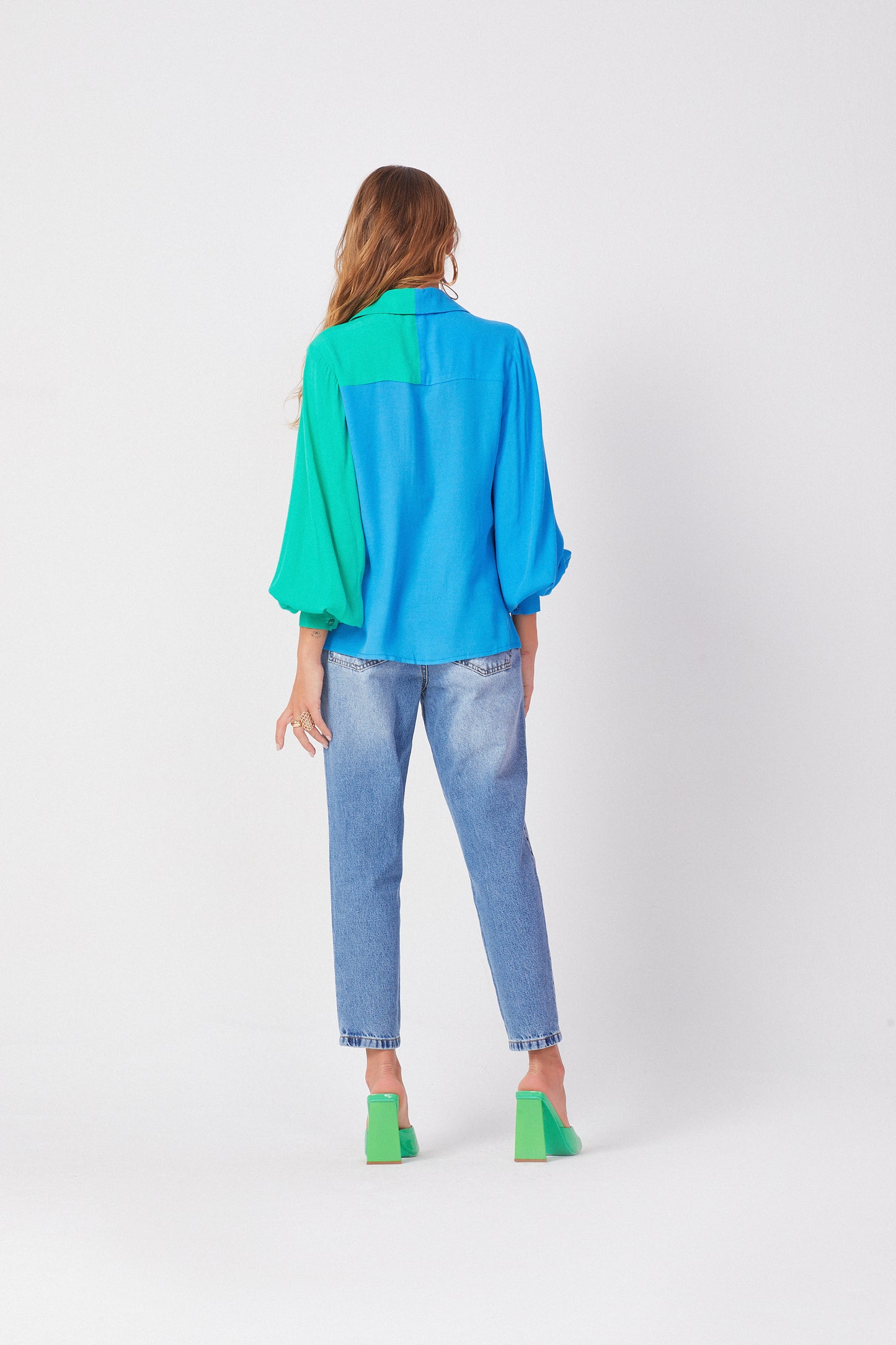 Button-Up Shirt in Green & Blue Color