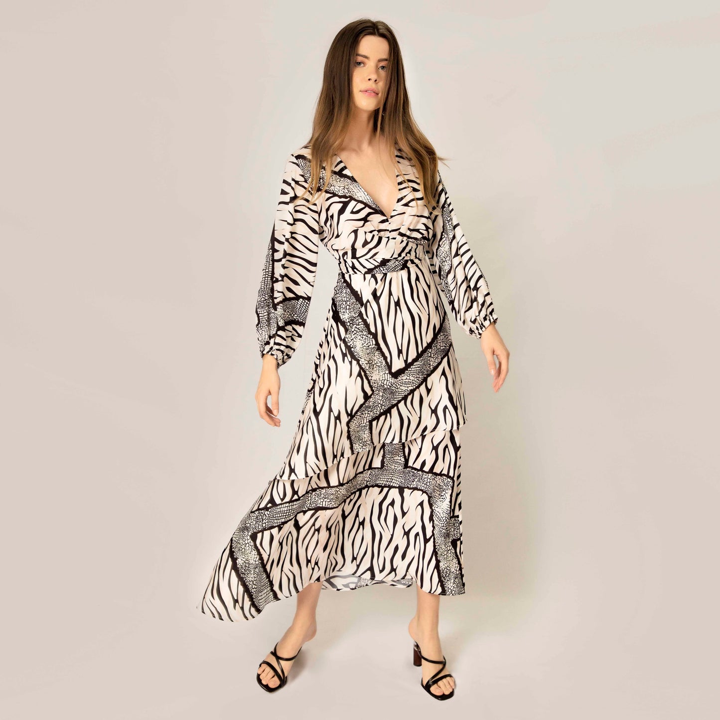 Animal Print Flounce Dress in Black & White