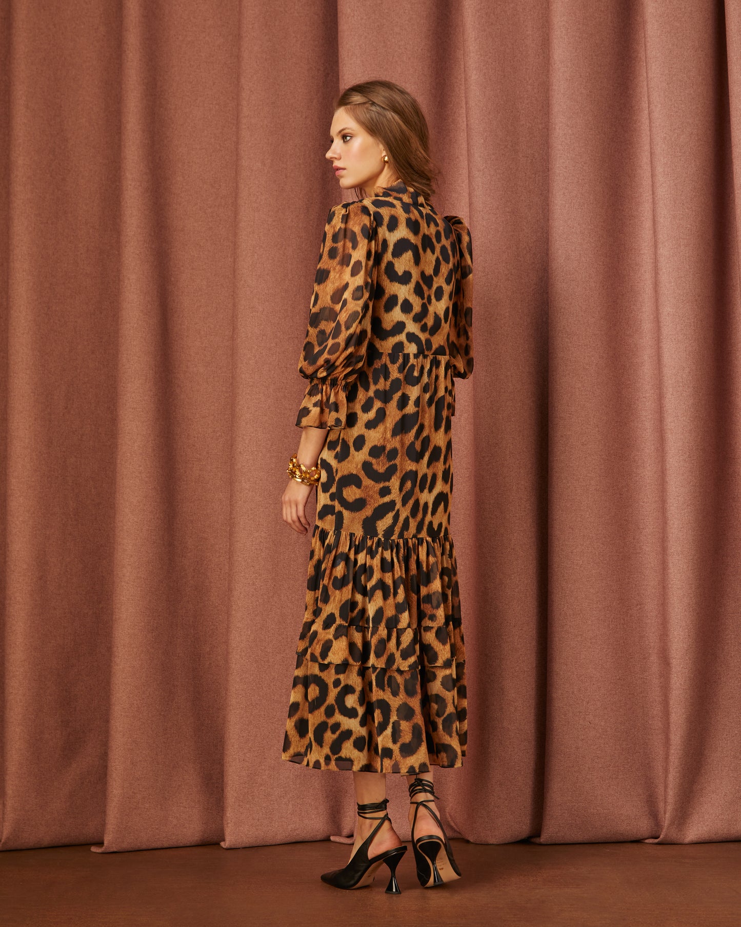 Printed Jaguar Foulard Collar Midi Dress
