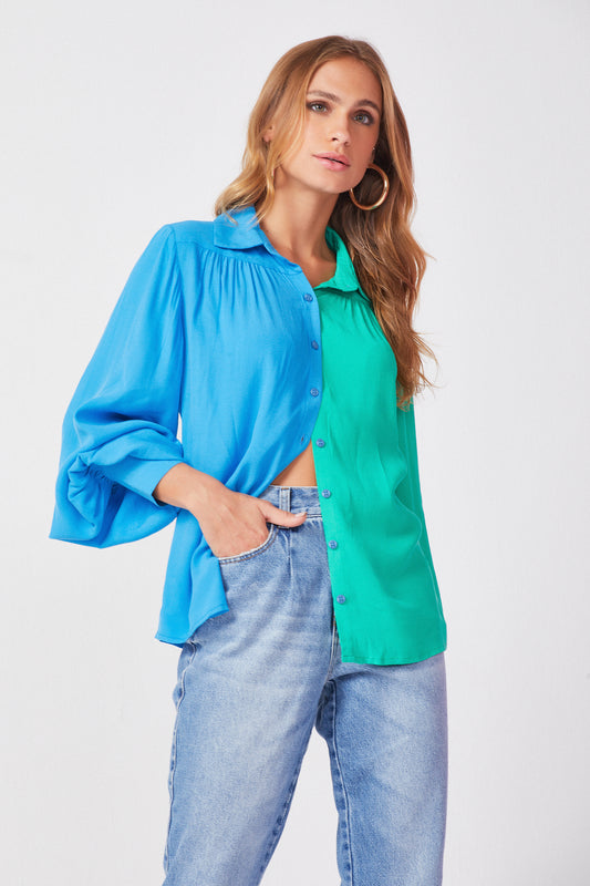 Button-Up Shirt in Green & Blue Color