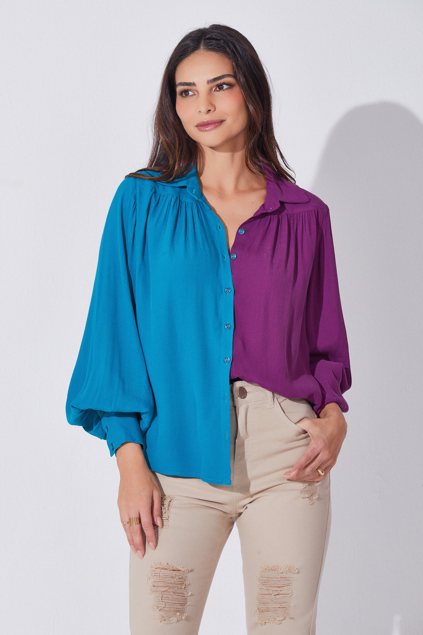 Button-Up Shirt in Turquoise & Violet Color