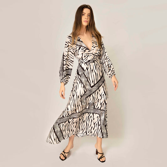 Animal Print Flounce Dress in Black & White