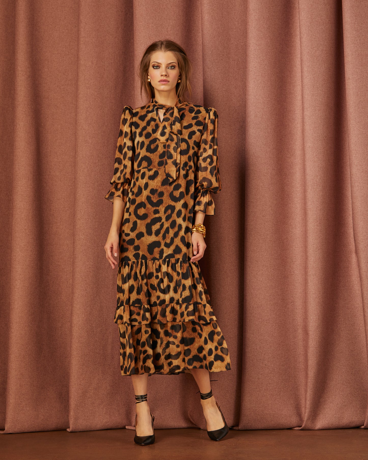 Printed Jaguar Foulard Collar Midi Dress