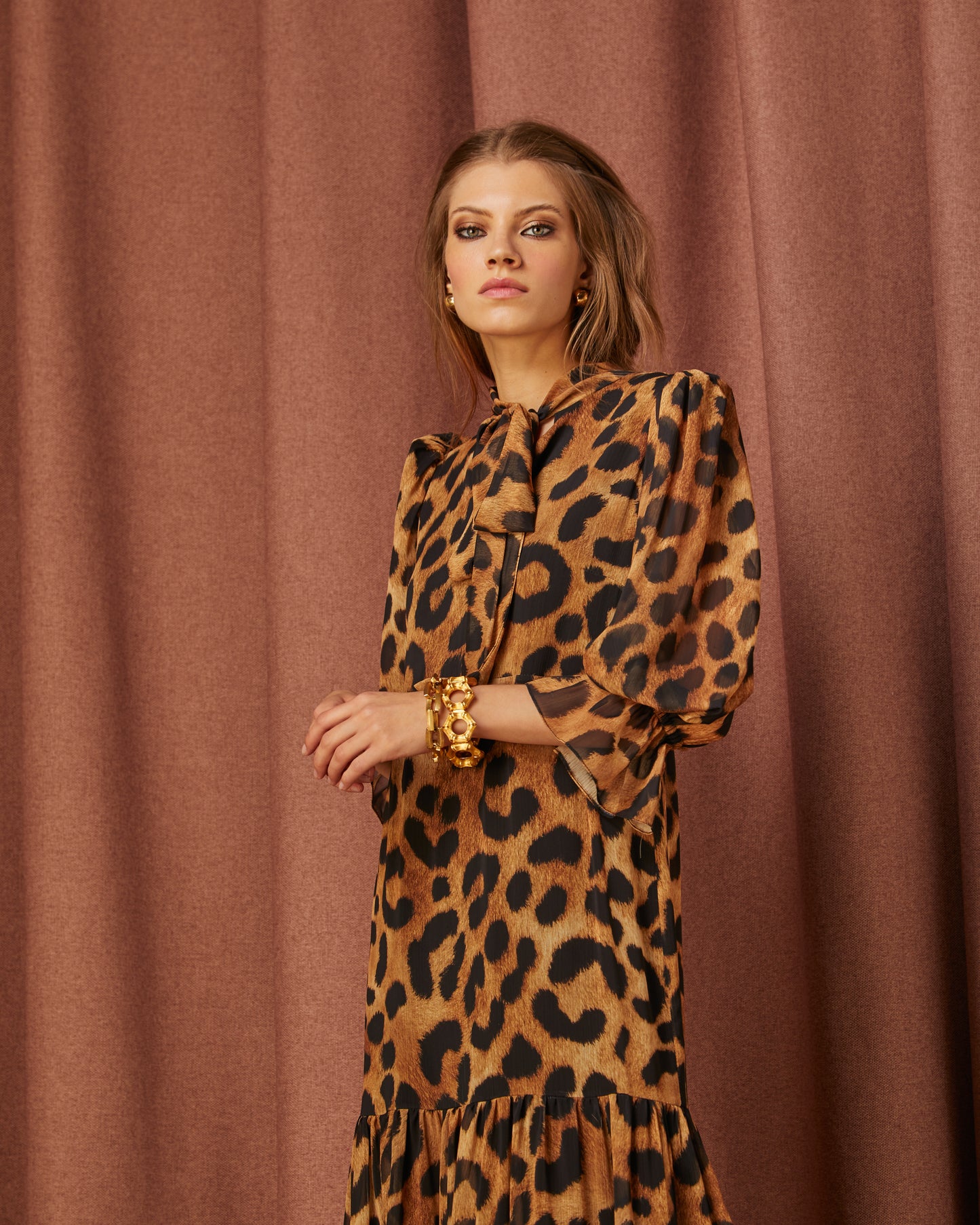 Printed Jaguar Foulard Collar Midi Dress