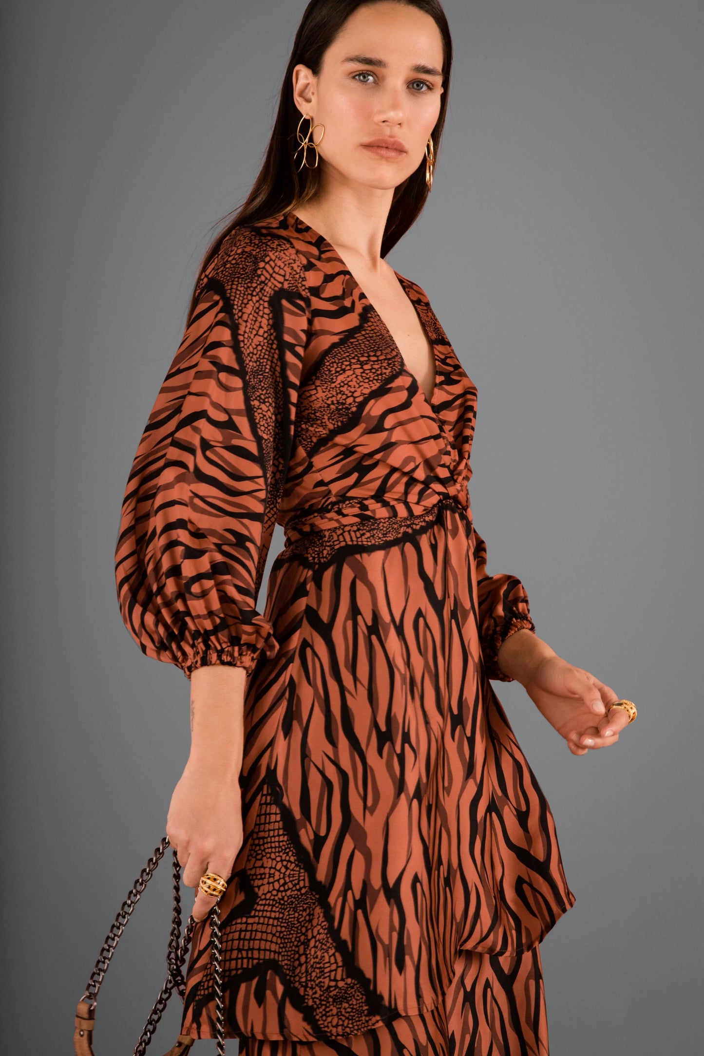 Animal Print Flounce Dress in Terracotta