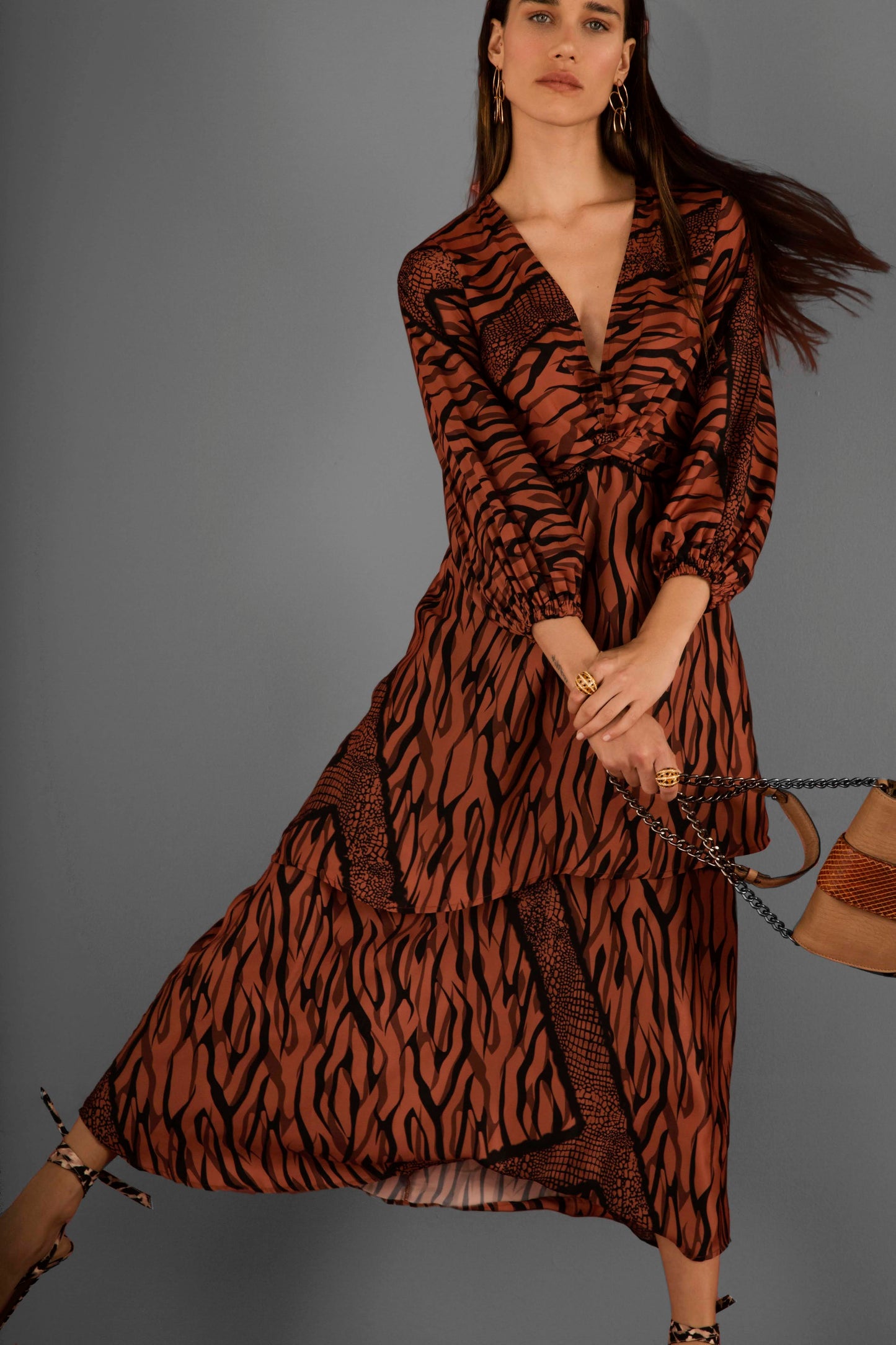 Animal Print Flounce Dress in Terracotta