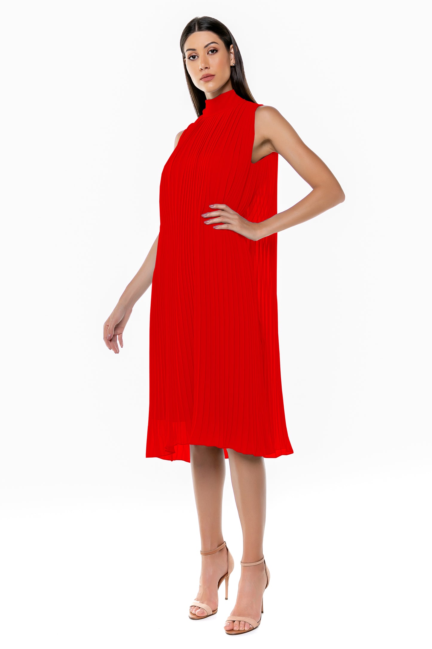 Pleated Chiffon Dress in Red