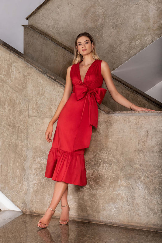 Marked Waist Red Taffeta Midi Dress