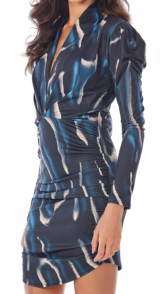 Drapred V-Neck Mini Dress in Blue